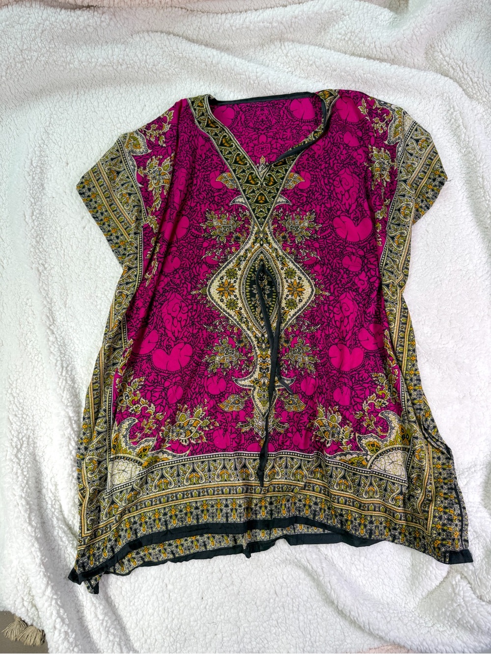 Boho Pink Paisley Tunic Top Flowy Kaftan Style V-Neck Lightweight